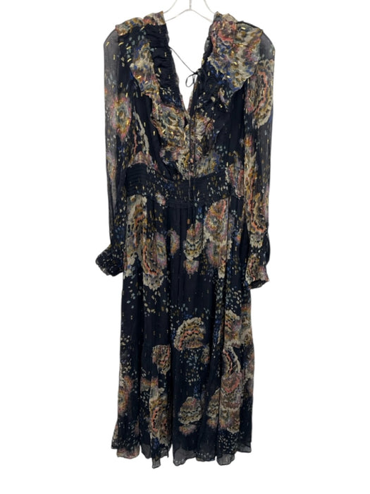 Anthropologie Size L navy blue, gold, multi Viscose Blend Ruffle Abstract Dress navy blue, gold, multi / L