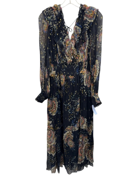 Anthropologie Size L navy blue, gold, multi Viscose Blend Ruffle Abstract Dress navy blue, gold, multi / L
