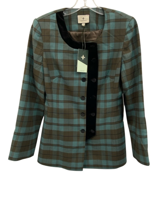 Tuckernuck Size Small Teal, Brown, Multi Polyester Blend Velvet Plaid Jacket Teal, Brown, Multi / Small
