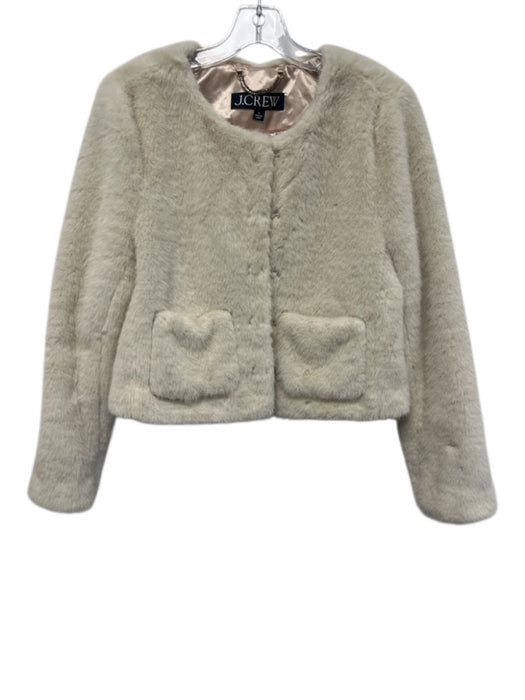 J. Crew Size S Cream Polyester Faux Fur Hook & Eye Pockets Collarless Jacket Cream / S