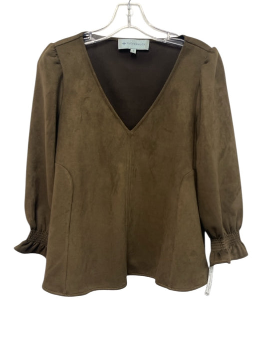Tuckernuck Size Small Dark Green Polyester Blend 3/4 Sleeve Ruffle Shirred Top Dark Green / Small