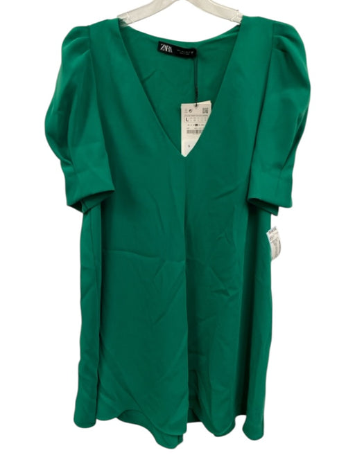 Zara Size L Green Poly Blend V Neck Puff Short Sleeve Knee Length Dress Green / L