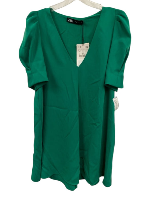 Zara Size L Green Poly Blend V Neck Puff Short Sleeve Knee Length Dress Green / L