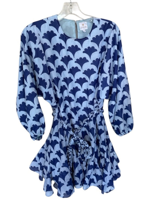 J. Marie Size S Blue & Navy Polyester Long Balloon Sleeve Leaves Dress Blue & Navy / S