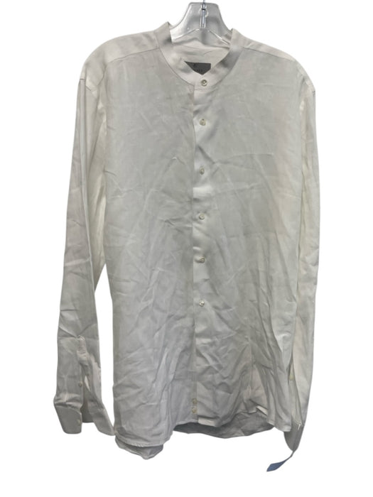 Canali Size 17 White Linen Solid Mandarin Collar Button up Long Sleeve Shirt White / 17