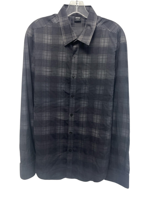 Boss Size XL Black & Gray Cotton Blend Plaid Button Up Men's Long Sleeve Shirt Black & Gray / XL