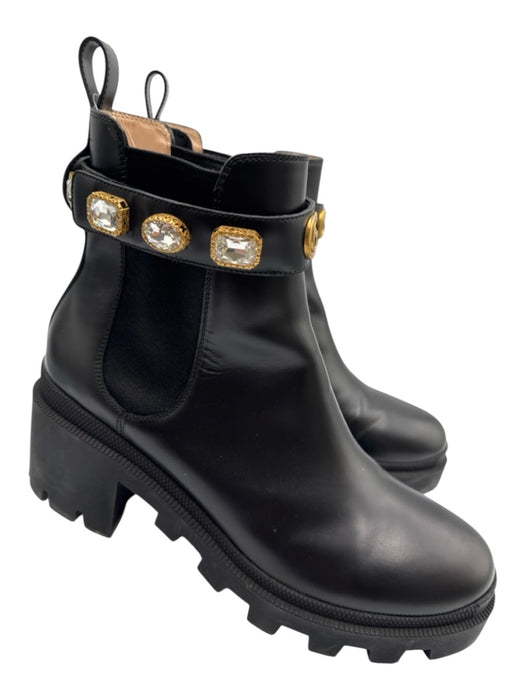 Gucci Shoe Size 41 Black Leather Rhinestone Chelsea Block Heel Ankle Booties Black / 41