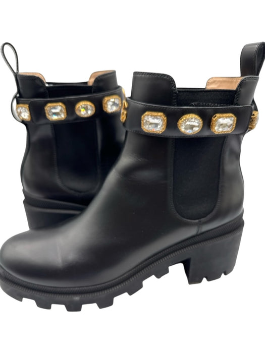 Gucci Shoe Size 41 Black Leather Rhinestone Chelsea Block Heel Ankle Booties Black / 41