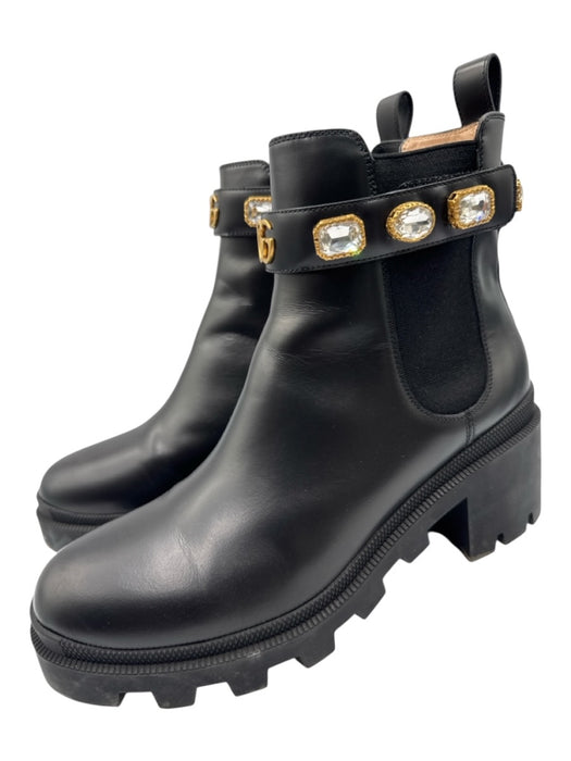 Gucci Shoe Size 41 Black Leather Rhinestone Chelsea Block Heel Ankle Booties Black / 41