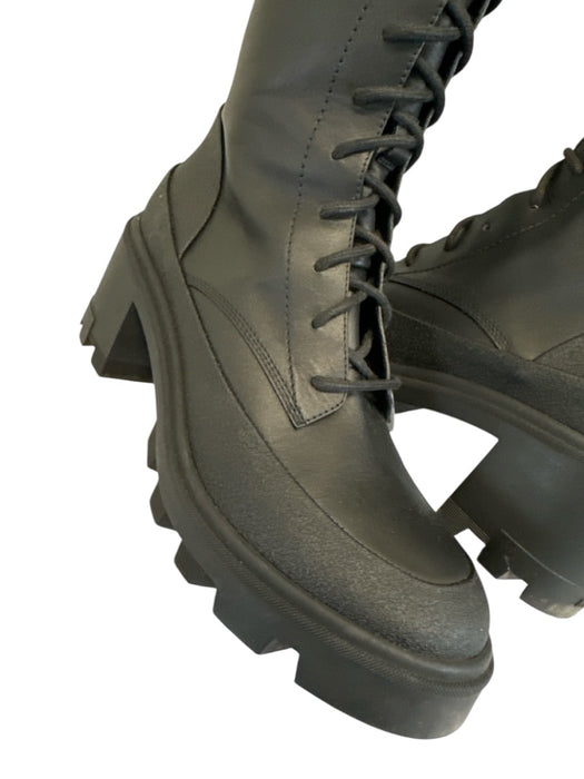 Moncler Shoe Size 41 Black Leather Lace Up Knee High Side Zip Combat Boots Black / 41