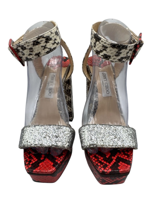 Jimmy Choo Shoe Size 41.5 Red & Gray Print Leather Glitter Python Sandals Red & Gray Print / 41.5