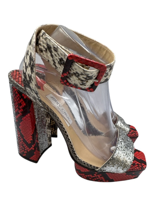 Jimmy Choo Shoe Size 41.5 Red & Gray Print Leather Glitter Python Sandals Red & Gray Print / 41.5