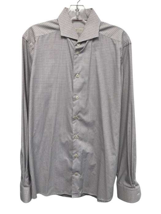 Eton Size 16 White & Brown Cotton Grid Button Up Men's Long Sleeve Shirt White & Brown / 16