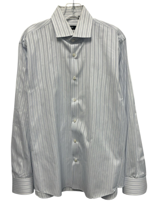 Boss Size 16 White & Blue Cotton Striped Button up Men's Long Sleeve Shirt White & Blue / 16
