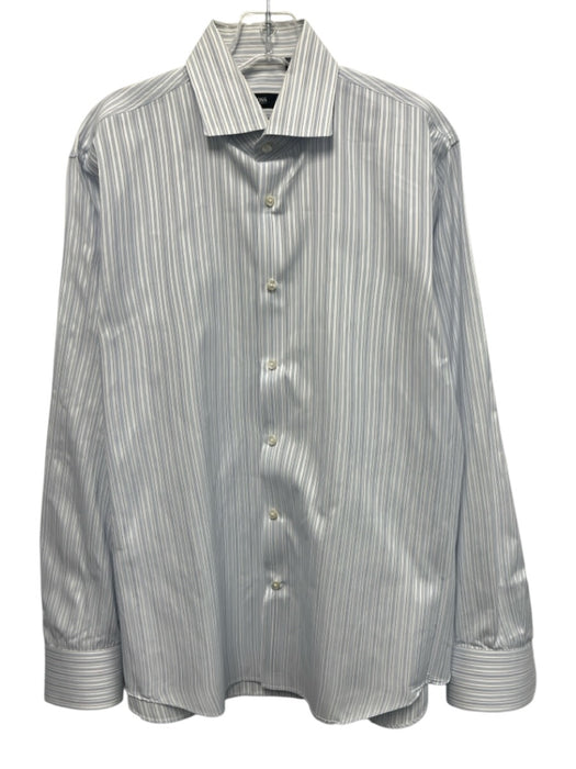 Boss Size 16 White & Blue Cotton Striped Button up Men's Long Sleeve Shirt White & Blue / 16