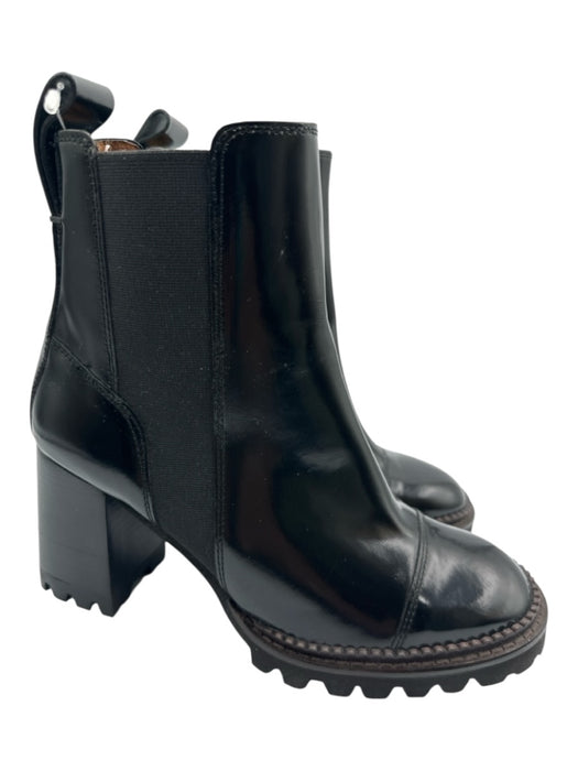 See By Chloe Shoe Size 38 Black Leather Upper Glossy Elastic Sides Ankle Boots Black / 38