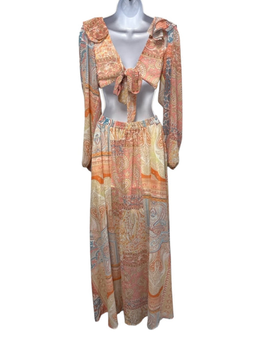 Aakaa Size S Cream White, Pink & Blue Polyester Paisley Tie Back Dress Cream White, Pink & Blue / S