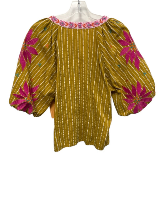 THML Size M Pink, Yellow & White Cotton Blend Floral Embroidered V Neck Top Pink, Yellow & White / M