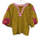 THML Size M Pink, Yellow & White Cotton Blend Floral Embroidered V Neck Top Pink, Yellow & White / M