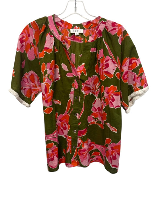 THML Size M Green, Pink & Orange Cotton Blend Abstract Floral Fringe Detail Top Green, Pink & Orange / M