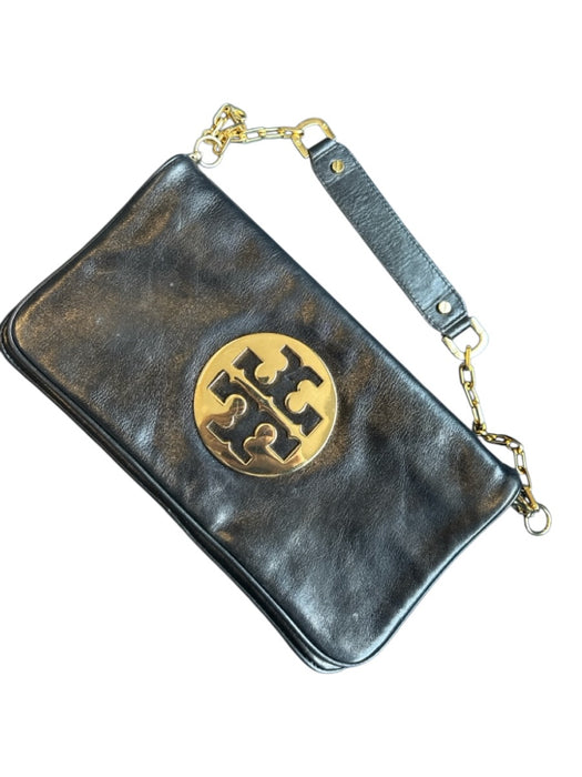 Tory Burch Black & Gold Leather Front Flap Logo Chain Strap Logo Bag Black & Gold / S