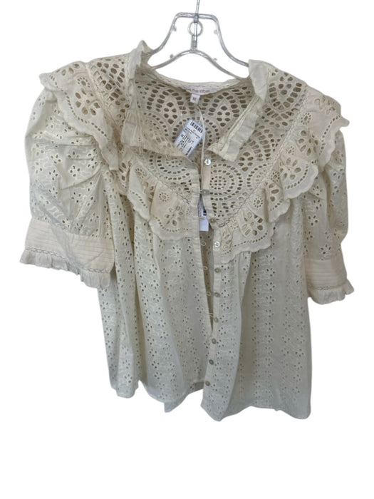 Love The Label Size M Cream Cotton Short Balloon Sleeve Lace Ruffles Top Cream / M