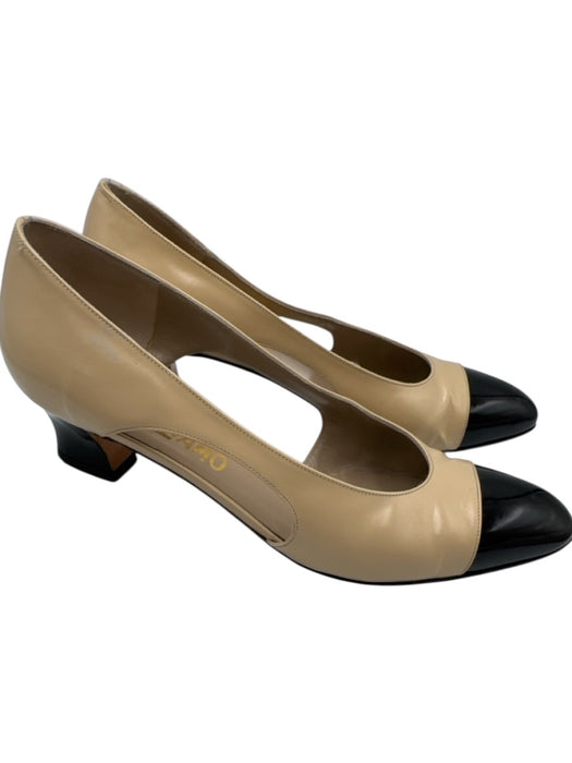 Salvatore Ferragamo Shoe Size 8 Beige & Black Leather Upper Patent Toe Cap Pumps Beige & Black / 8