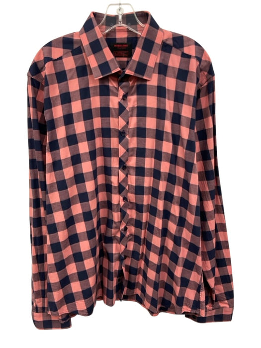 jared lang Size 2XL Pink & Navy Print Cotton Blend Plaid Men's Long Sleeve Shirt Pink & Navy Print / 2XL