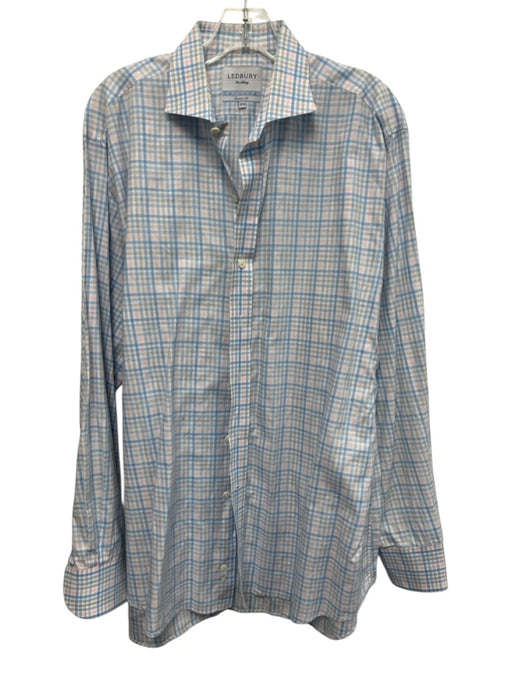 Ledbury Size 17.5 White & Pink Cotton Plaid Button Up Men's Long Sleeve Shirt White & Pink / 17.5