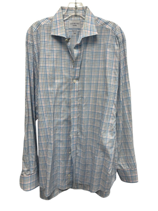 Ledbury Size 17.5 White & Pink Cotton Plaid Button Up Men's Long Sleeve Shirt White & Pink / 17.5