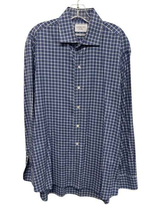 Ledbury Size 17.5 Blue & White Cotton Grid Button Up Men's Long Sleeve Shirt Blue & White / 17.5