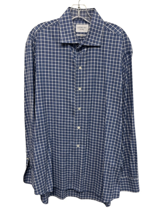 Ledbury Size 17.5 Blue & White Cotton Grid Button Up Men's Long Sleeve Shirt Blue & White / 17.5
