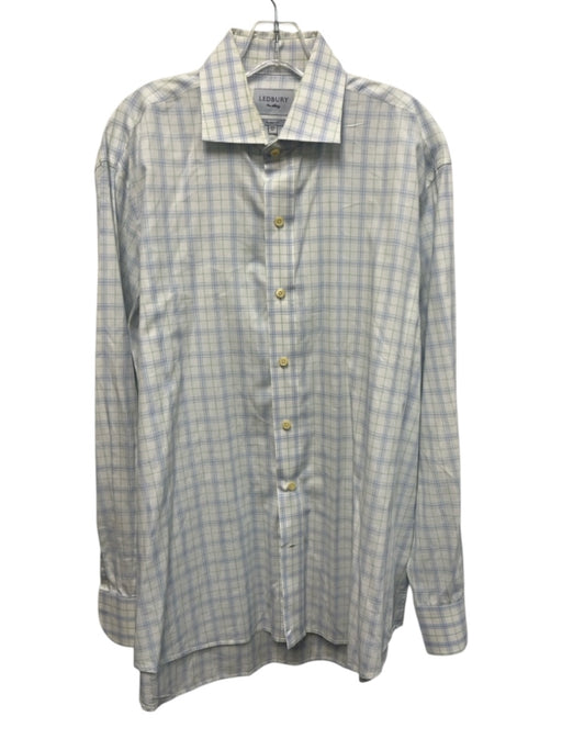 Ledbury Size 17.5 White & Blue Cotton Plaid Button Up Men's Long Sleeve Shirt White & Blue / 17.5