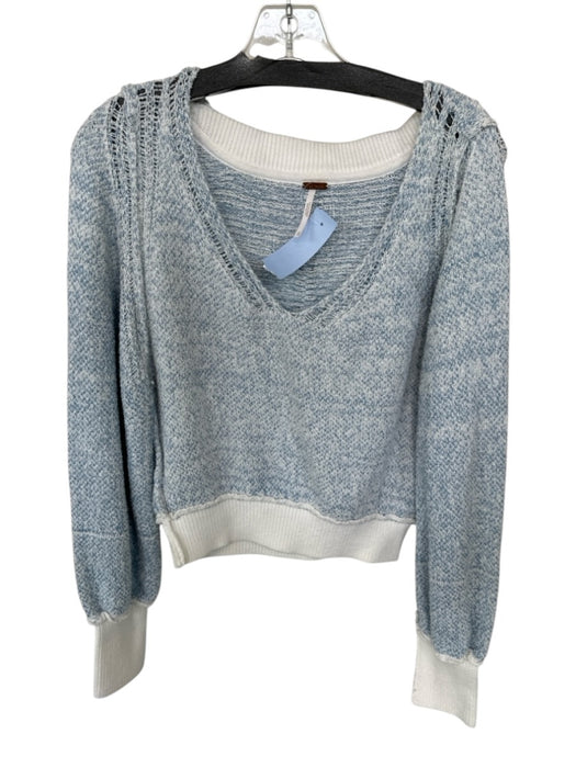 Free People Size XS Blue & White Cotton Blend V Neck Cropped distressed Sweater Blue & White / XS