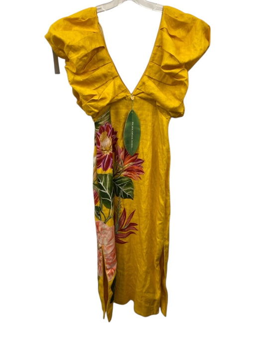 Farm Rio Size XS Sunflower Yellow Linen Short Puff Sleeve Floral Print Dress Sunflower Yellow / XS