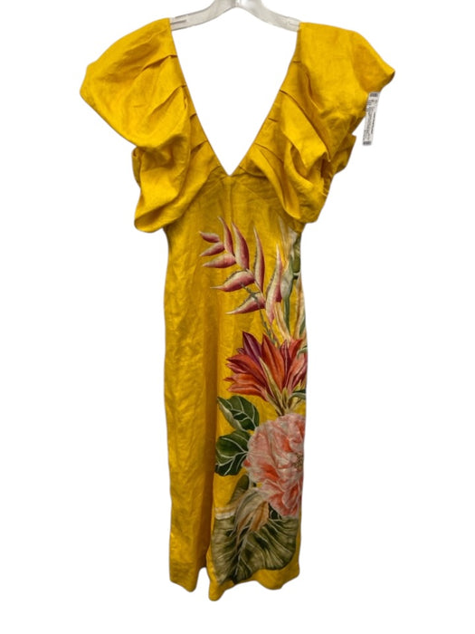 Farm Rio Size XS Sunflower Yellow Linen Short Puff Sleeve Floral Print Dress Sunflower Yellow / XS