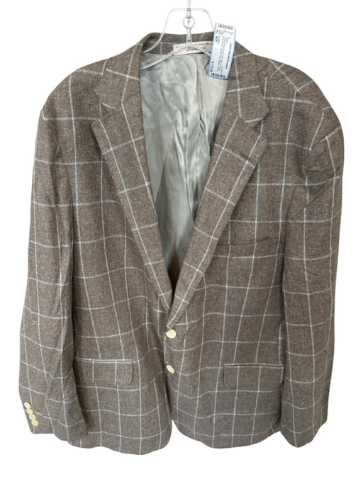 HardWick Taupe & Blue Print Silk Grid 2 Button Sport Coat Men's Blazer Taupe & Blue Print / 46R