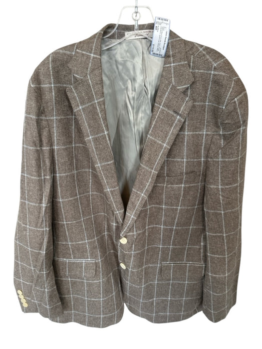 HardWick Taupe & Blue Print Silk Grid 2 Button Sport Coat Men's Blazer Taupe & Blue Print / 46R
