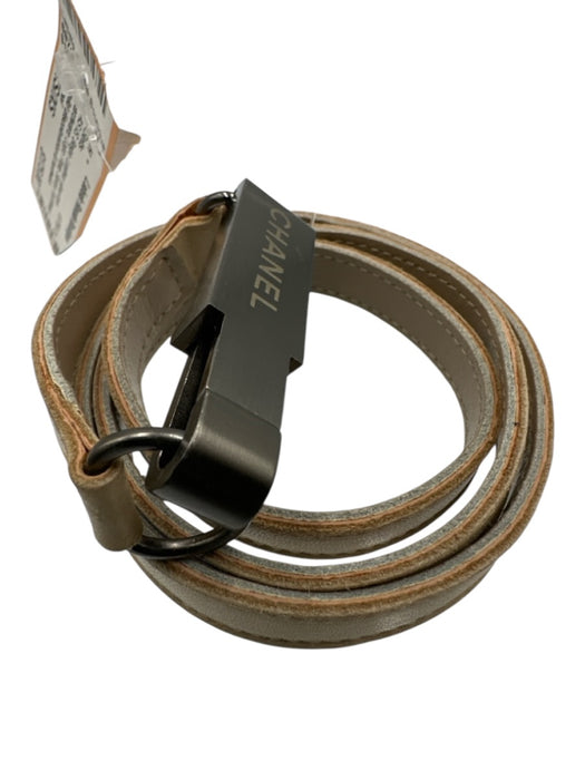 Chanel Beige Leather silver tone hardware Logo Plate Skinny Belts Beige / XXS/XS