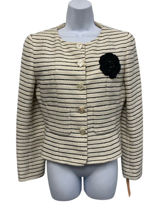 Chanel Size 40 Cream & Black Cotton Blend Mother of Pearl Buttons camelia Jacket Cream & Black / 40