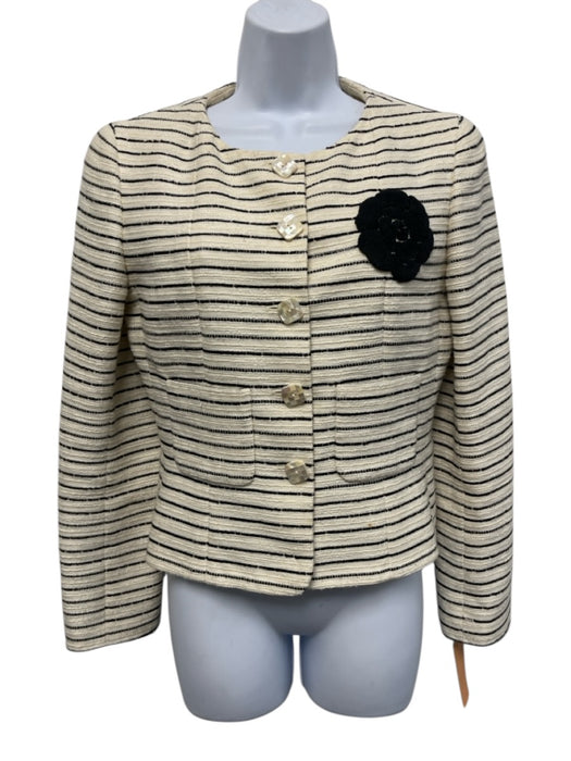 Chanel Size 40 Cream & Black Cotton Blend Mother of Pearl Buttons camelia Jacket Cream & Black / 40