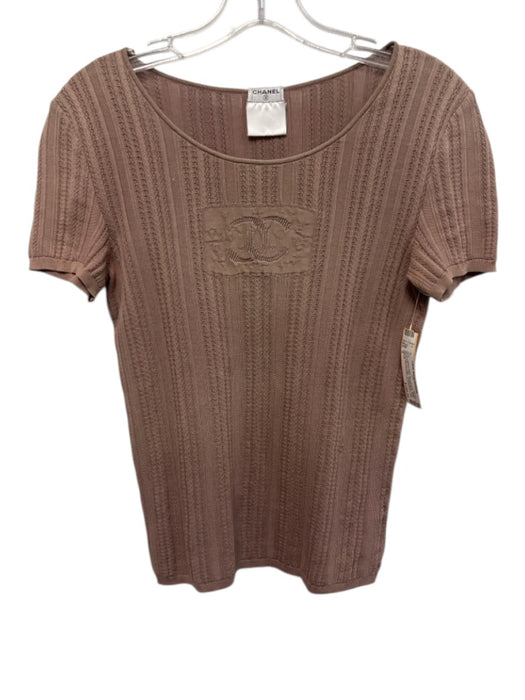 Chanel Size S Mauve Gray Cotton mixed knit CC Logo Round Neck Short Sleeve Top Mauve Gray / S