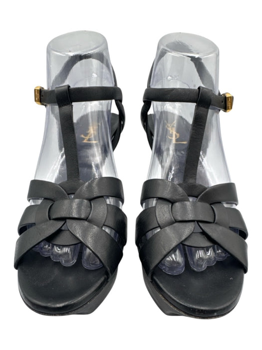 Yves Saint Laurent Shoe Size 37.5 Black Leather Round Toe Strappy Sandals Black / 37.5