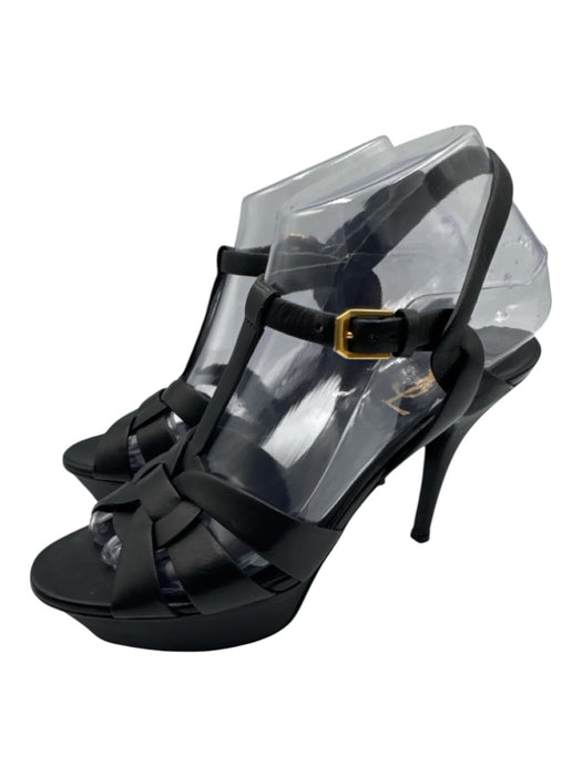 Yves Saint Laurent Shoe Size 37.5 Black Leather Round Toe Strappy Sandals Black / 37.5