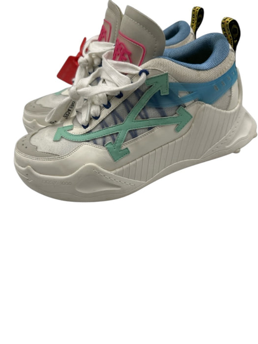 Off White Shoe Size 38 White, Light Blue & Green Leather Mesh Overlay Sneakers White, Light Blue & Green / 38