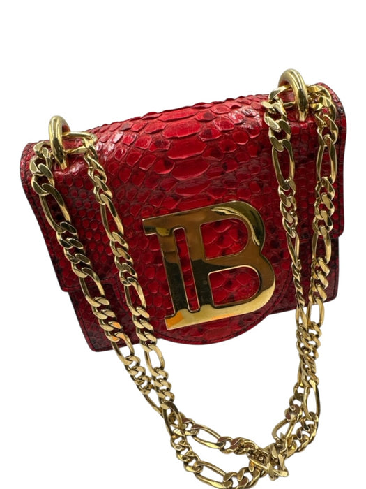 Balmain Red & Gold Snake Chain Strap Gold Logo Flap Shoulder Bag Bag Red & Gold / Small