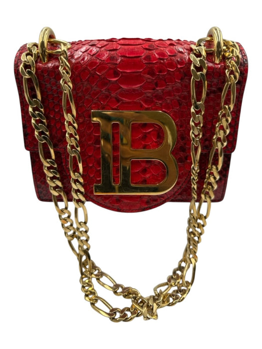 Balmain Red & Gold Snake Chain Strap Gold Logo Flap Shoulder Bag Bag Red & Gold / Small