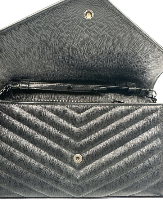 Yves Saint Laurent Black Leather Chevron Logo Hardware Detail Clutch Bag Black / Small