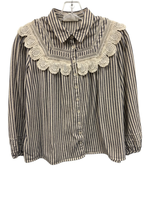Ba&sh Size 1 Navy & Ivory Cotton Striped Long Sleeve Lace Detail Top Navy & Ivory / 1