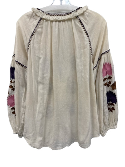 Figue Size S Cream multi Cotton V Neck Tassel Tie Detail Long Sleeve Top Cream multi / S